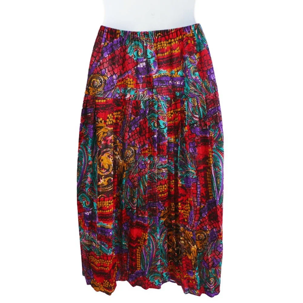 70s Vintage Pleated Midi Skirt Psychedelic Drop Waist Nylon Knit Mesh Elastic L